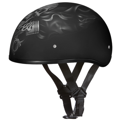 DOT Approved Daytona Motorcycle Half Face Helmet - Skull Cap Graphics for Men & Women, Scooters, ATVs, UTVs & Choppers - W/  Pistons Skull